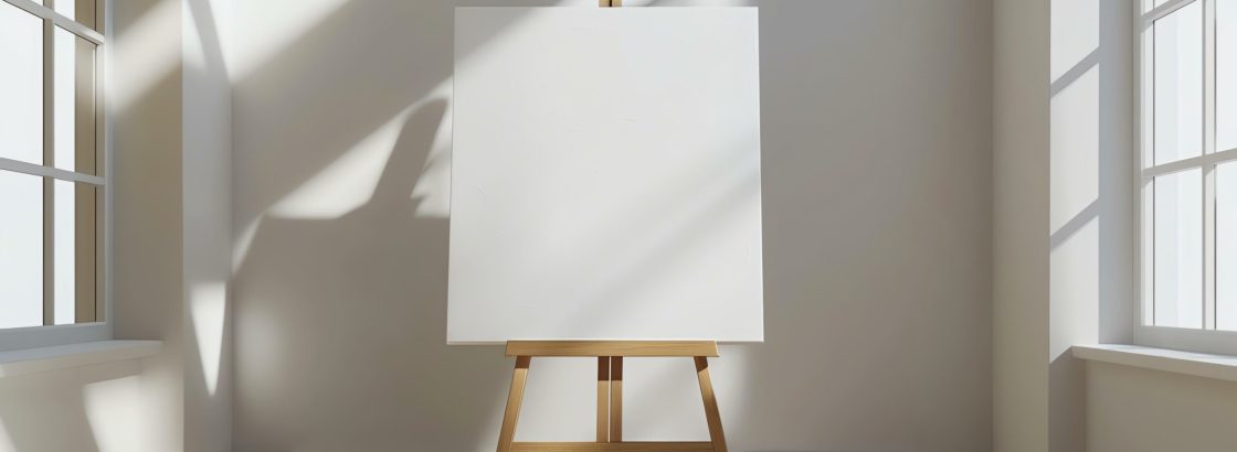 Blank canvas on wooden easel in bright white room with large windows.